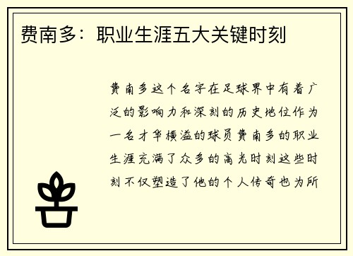 费南多：职业生涯五大关键时刻