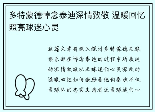 多特蒙德悼念泰迪深情致敬 温暖回忆照亮球迷心灵